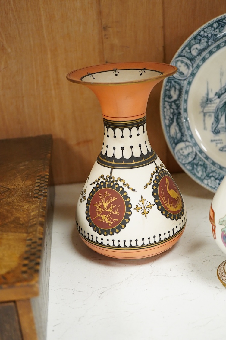 A pair of Copenhagen biscuit relief plaques of Night and Day, after Thorvaldsen, 15cm diameter, plus two pairs of vases, a blue and white plate and teapot (8)